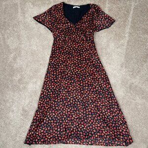 Mango Dress Womens 2 Black Orange Floral Midi Babydoll 90s Grunge Whimsigoth